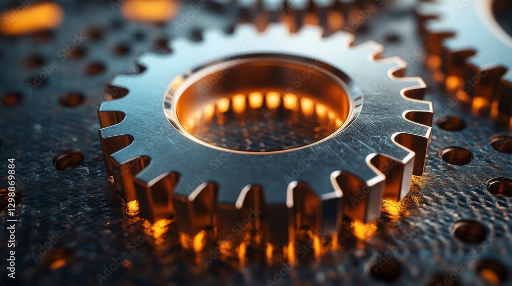Fototapete Close-up view of metallic gears illuminating with a warm glow, highlighting the intricate design and functionality in a busy manufacturing environment focused on automation.