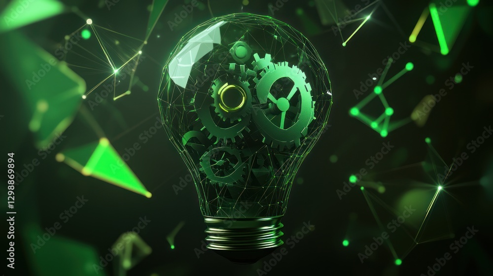Poster green idea light bulb with gears and abstract network background