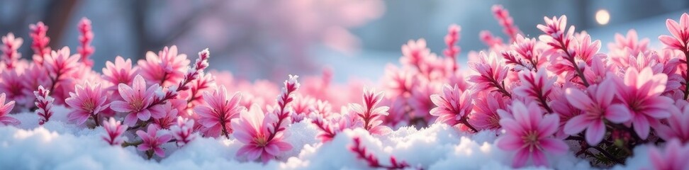 Pink heather blooms under layer of fresh snow, serene, blossoms