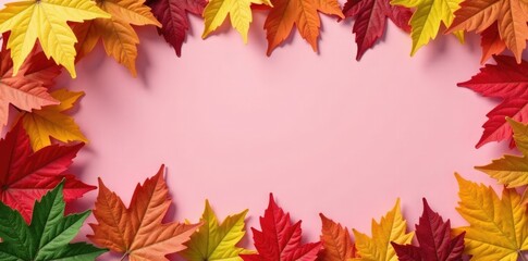Obraz premium pink rectangle background with a bunch of colorful leaves, harvest, leaves, green