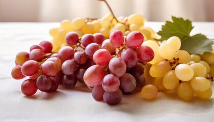 Obraz premium Close-up of red and yellow grapes displayed on a white tablecloth, fresh