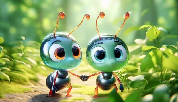 3D ants cartoon on colorful vibrant forest background. Funny animation