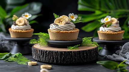Elegant Dessert Presentation with Creamy Cupcakes and Fresh Fruit on Dark Background with Green Leaves