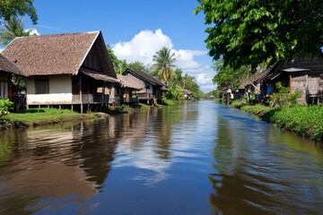 Fototapeta premium A riverside village with houses built on stilts, reflecting in the calm water