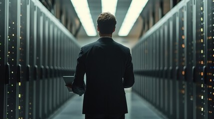 Fototapeta premium IT Specialist Working With Laptop in Data Center for Cyber Security and Network Management During Modern Cloud Computing Operations