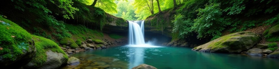 Fototapeta premium serene and secluded waterfall in forest clearing, landscape, seclusion, natural serenity