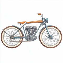 motorcycle watercolor concept. Vintage motorized bicycle with a unique design and wooden accents.