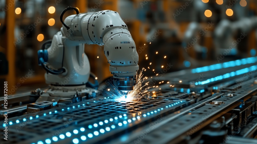 Poster In a cutting-edge manufacturing facility, a robotic arm efficiently welds metal pieces, generating sparks while enhancing production speed and quality through automation and engineering precision.