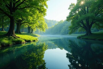 Fototapeta premium Serene lake surface reflected in towering trees, garden, spiritual, reflection