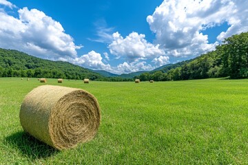 A peaceful hayfield with large rolled hay bales scattered across the land