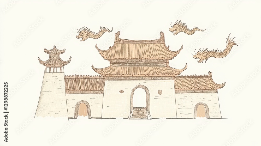 Poster beige and brown asian temple line art illustration with landscape backgrounds art design image with 