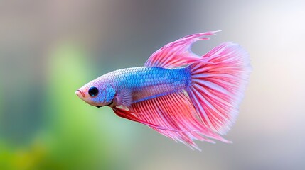 Fototapeta premium Vibrant blue and pink Siamese fighting fish swimming gracefully in a clean aquarium tank.