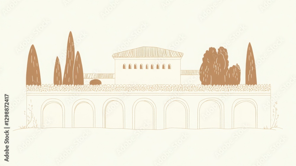 Poster beige and brown building illustration with columns and cypress trees and other elements of design an