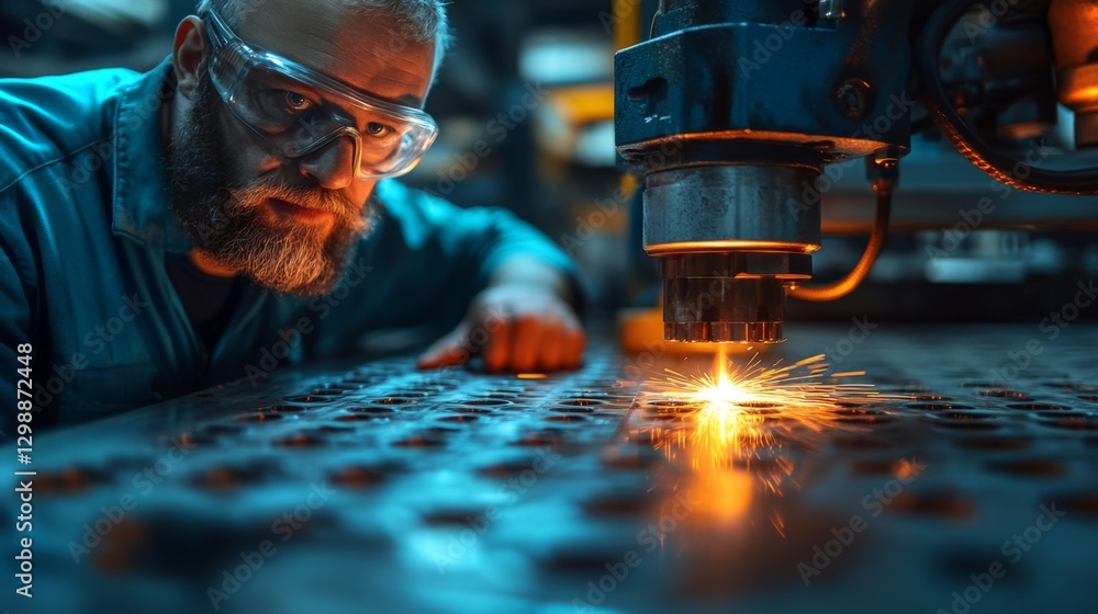 Poster A technician closely monitors a laser cutting process in a factory setting at night, showcasing precision engineering.