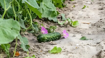 Obraz premium Fresh Green Cucumber on Ground with Pink Flowers, Garden Vegetable