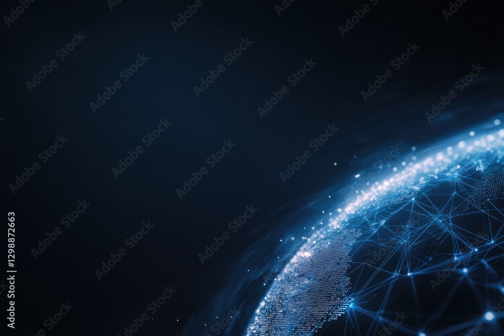 Poster conceptual image of futuristic earth partially covered in glowing blockchain structures representing