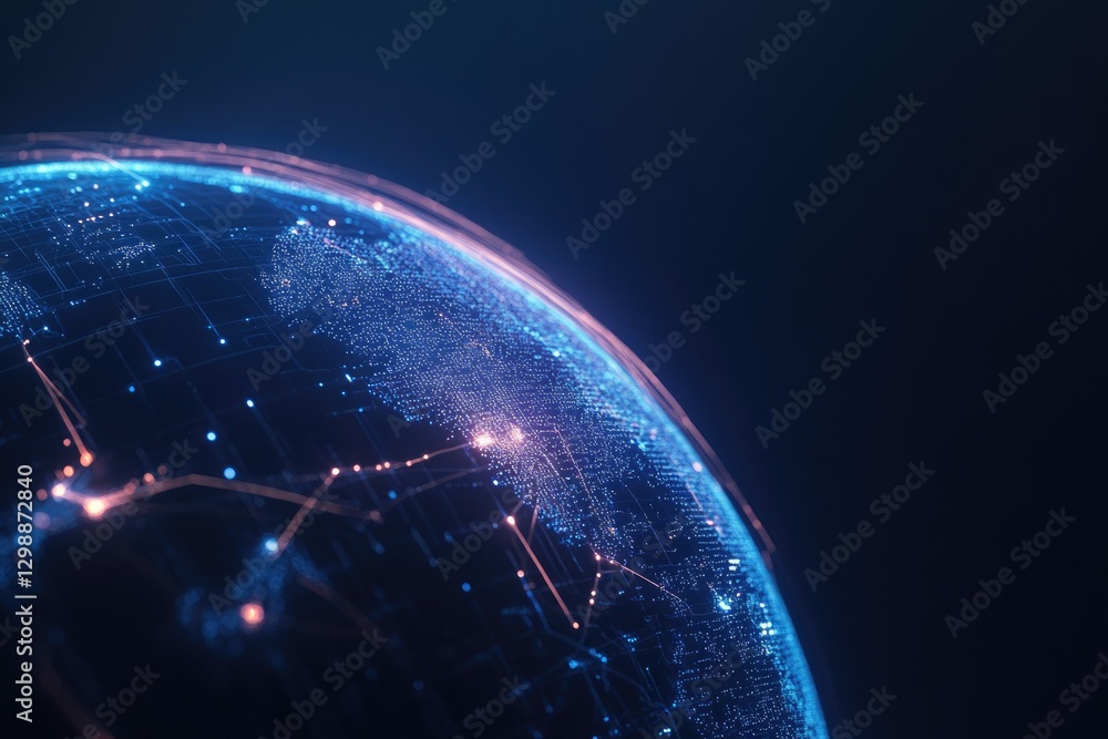 Poster conceptual image of futuristic earth partially covered in glowing blockchain structures representing