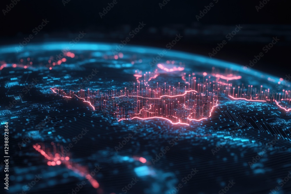 Poster conceptual image of futuristic earth partially covered in glowing blockchain structures representing