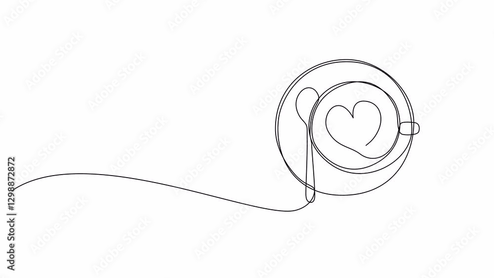 Poster self drawing simple animation of cup of coffee with heart shape continuous one line art, top view. m