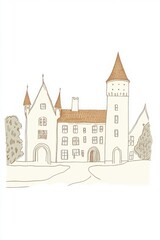 Fototapeta premium Beige And Brown Castle Illustration Artwork Featuring Towers And Turrets With Windows And Doors On Stone Walls In A Peaceful Landscape Setting With Trees And A Calm Atmosphere Using Muted Colors And