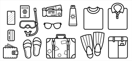 Linear icons tourism. Set of icons of things needed on a tourist trip © Night  Shift