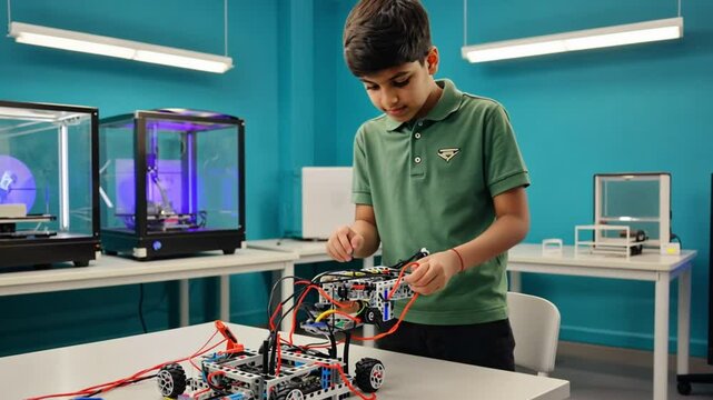 A young Indian boy in a green polo shirt builds a robotic project in a high-tech classroom. Concept of STEM education, robotics learning, and hands-on engineering.