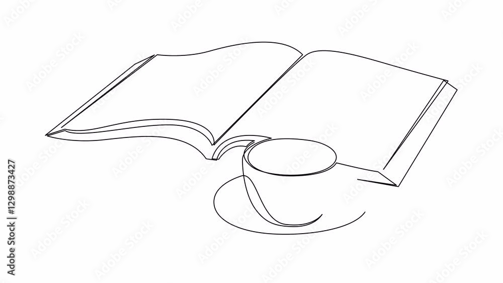 Aufkleber self drawing simple animation of opened book with coffee in continuous one line art style. education