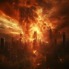 Obraz premium A Fiery Apocalypse Consumes a City of Towering Buildings in the Inferno