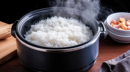 Slow cook rice: Easy cooking. Steaming white rice in a pot with a side of pickled vegetables.
