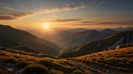 Obraz premium A journey through a mountainous landscape with the sun rising in the background