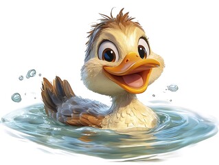 Joyful duckling swimming in clear water cartoon style whimsical scene