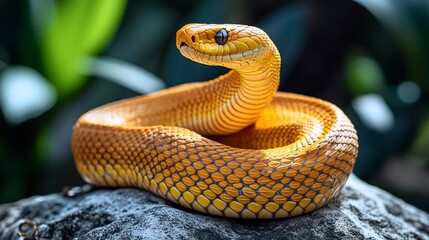 Fototapeta premium Venomous Taipan snake coiled on a rock its sleek golden scales gleaming under the sun piercing eyes locked onto its target