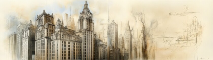 Obraz premium Beige and Brown Cityscape Painting with Tall Buildings and Hazy Atmosphere