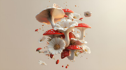 Floating in the air, magic flowers, mushrooms, plants, 3D sculpture.
