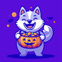 Fototapeta premium Cartoon dog celebrating halloween carrying a pumpkin shaped bucket full of candies, trick or treating