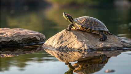 Fototapeta premium Sunbathing turtle on a rock reflecting in calm water under sunlight with words concept