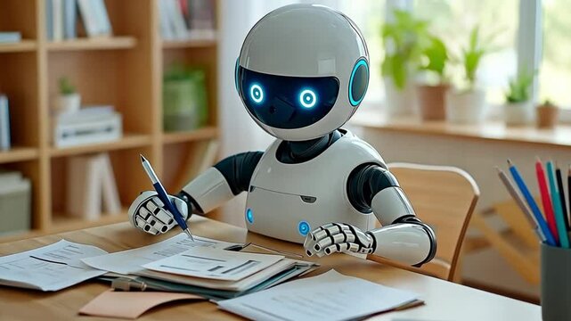 A humanoid robot with glowing blue eyes sits at a wooden desk writing on paper with a pen. Concept of artificial intelligence learning, futuristic automation, and robotics evolution.
