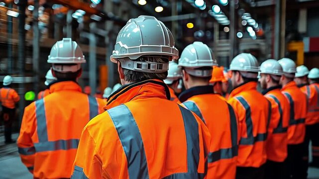 A team of emergency response workers in high-visibility jackets gathers in a factory for a safety briefing. Concept of workplace emergency preparedness, hazard prevention, and crisis management.