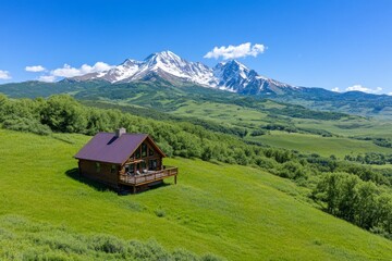 Obraz premium A peaceful mountain valley with a small wooden cabin nestled among the trees