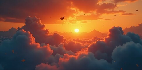 Naklejka premium Softly lit misty clouds against a deep orange autumn sky with scattered leaves, halloween, autumn, clouds