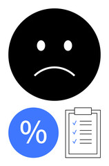 Black sad face, blue percentage sign, and a checklist with blue checkmarks. Ideal for feedback, performance review, dissatisfaction, rejection, failure evaluation loss. Abstract line flat metaphor