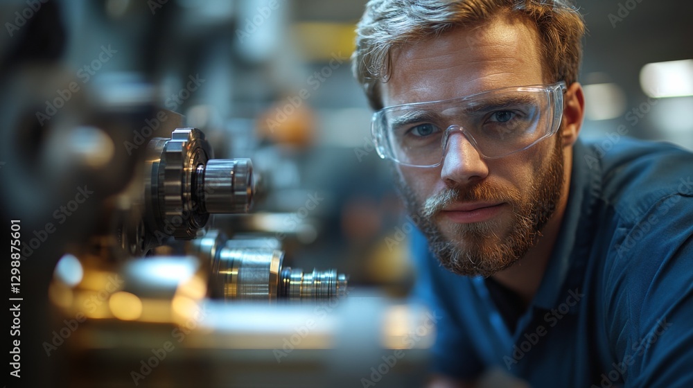 Poster a worker in safety glasses closely examines complex machinery in a factory. the environment emphasiz