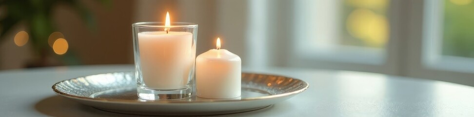 White candle in a delicate glass container on a tray, elegant, delicate, glass