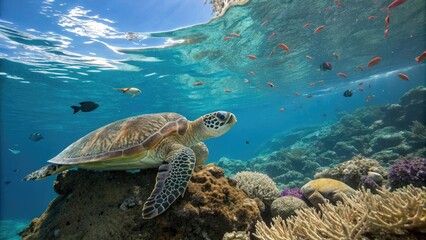 Fototapeta premium Graceful turtle swimming among vibrant corals in crystal-clear waters with words concept