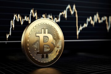 Investment strategy and bond market value. Golden Bitcoin in front of a fluctuating cryptocurrency chart background.