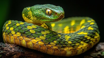 Fototapeta premium Venomous Bush Viper coiled on a tree branch its rough textured scales forming an intricate mosaic of green and gold piercing eyes glowing in the dim light