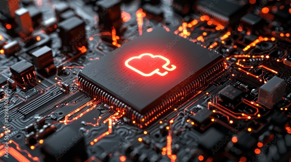 Poster cloud computing icon on microchip circuit board with orange glowing light