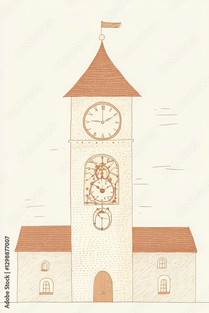 Poster beige and brown minimalist clock tower illustration of a town square in a calm setting drawing with 