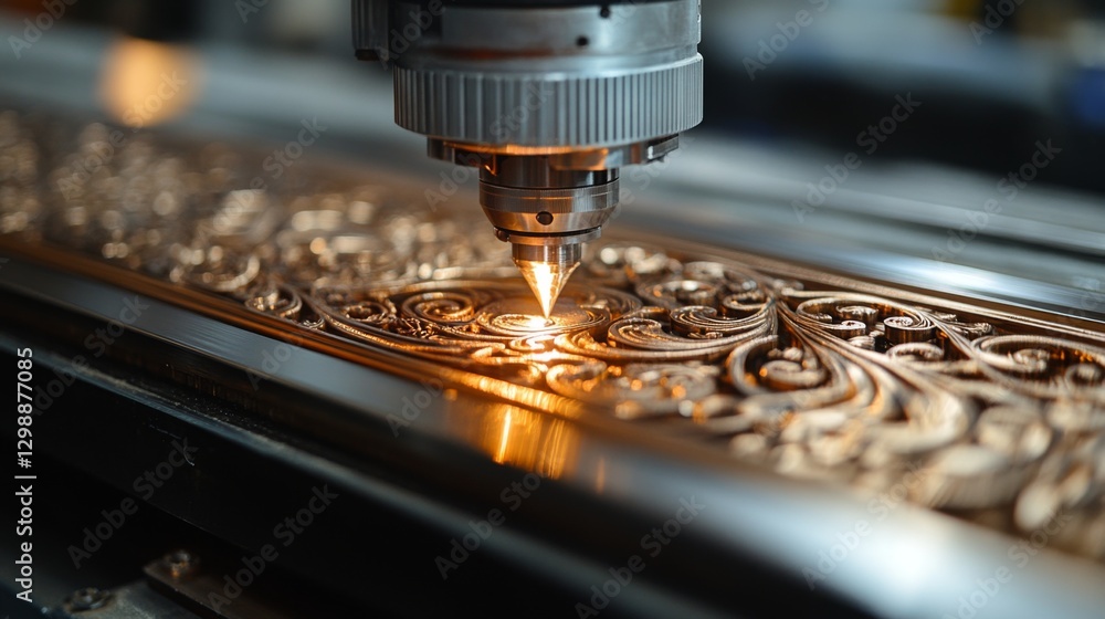 Poster a laser engraver operates in a manufacturing plant, meticulously etching detailed patterns onto a me