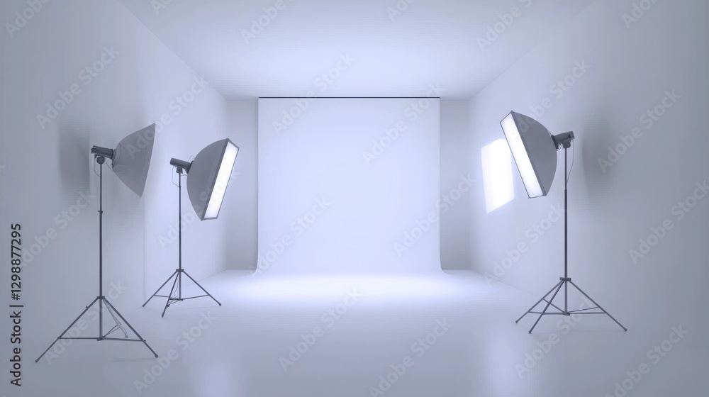 Poster photography studio with lighting setup ready for a session during the day in a minimalist designed r